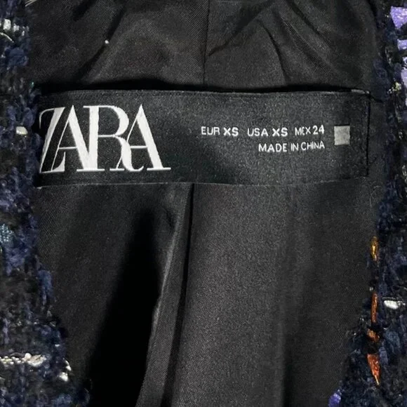 ZARA Double Breasted Textured Tweed Black Multicolor Blazer Size XS